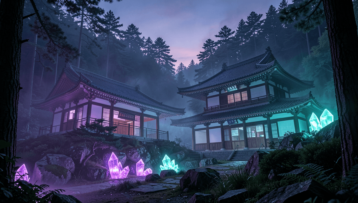 Romanillustration: Koreanische Häuser und leuchtende Kristalle in einem nebligen Wald